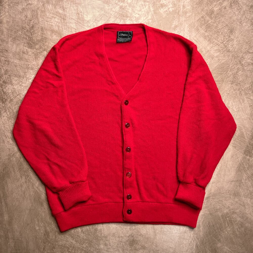 Vintage 80s JCPenney Cardigan Sweater Tight Knit Red Men's Large Preppy Holiday